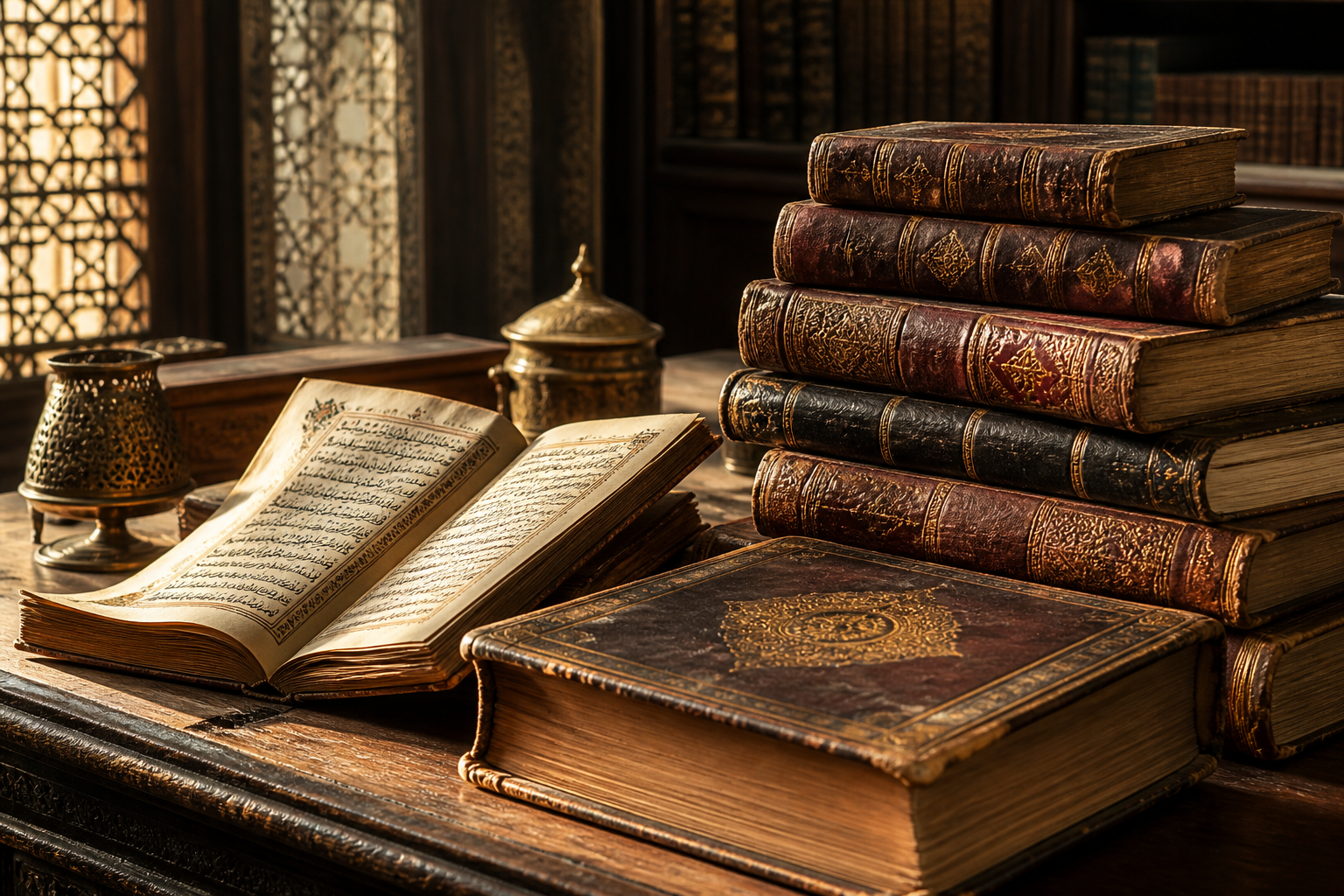 Leather-bound scholarly books on a sunlit desk